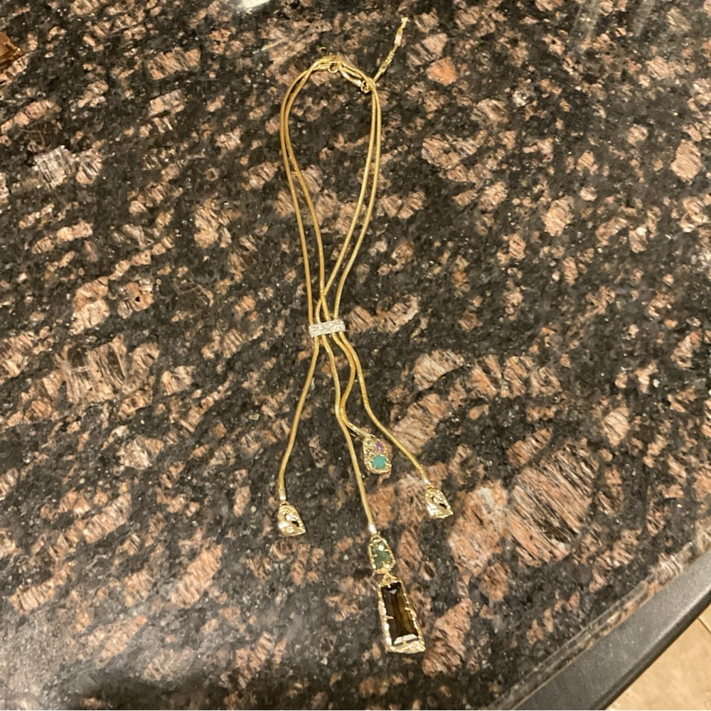 Gold Adjustable Lariat Necklace with Gemstone Accents